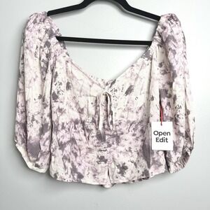 OPEN EDIT Women's Sz M Tie Front Puff Sleeve Blouse in Ivory Grey Purple NWT